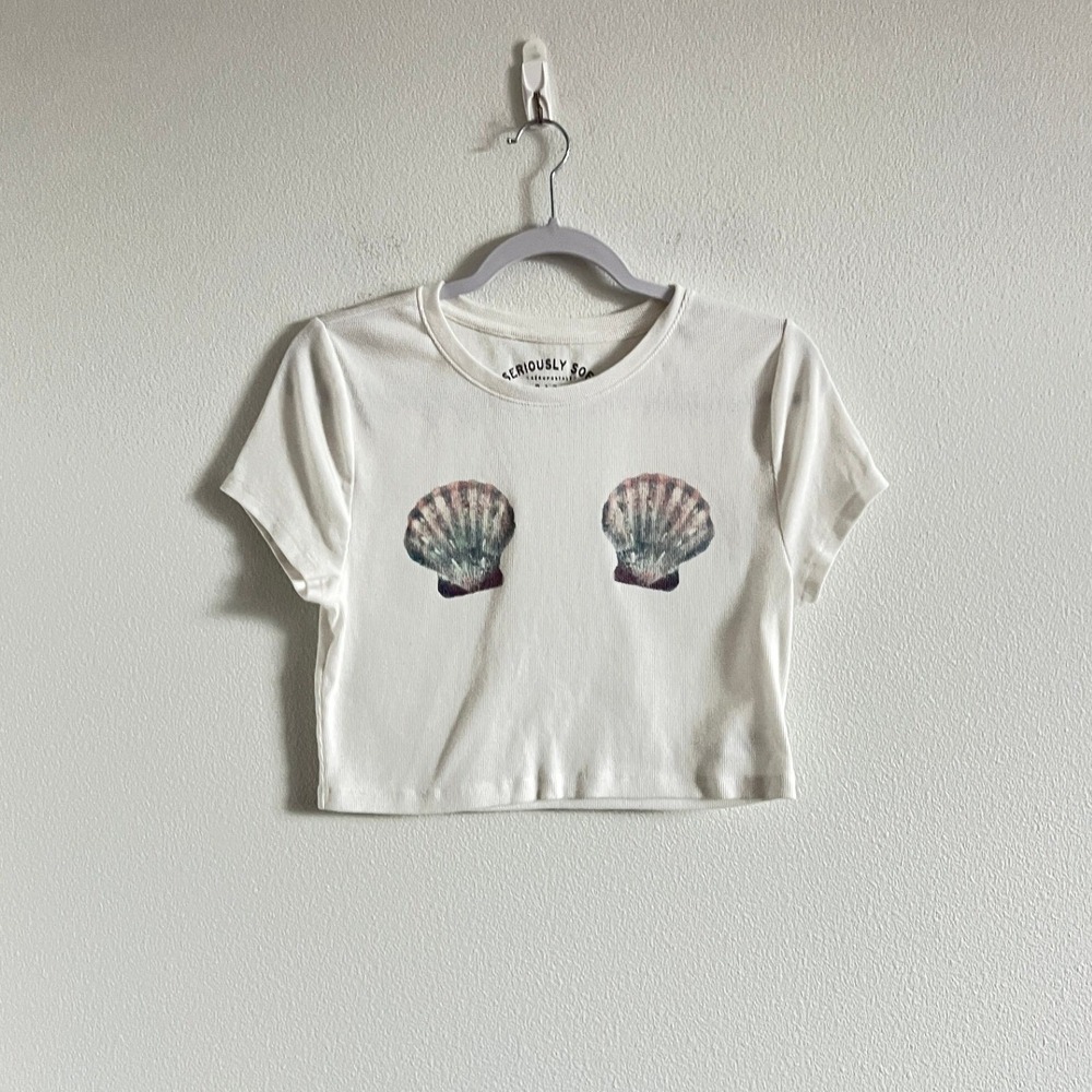 Aeropostale White Mermaid Seashell Ribbed Baby Tee XL Ocean Sea Summer Surf Core